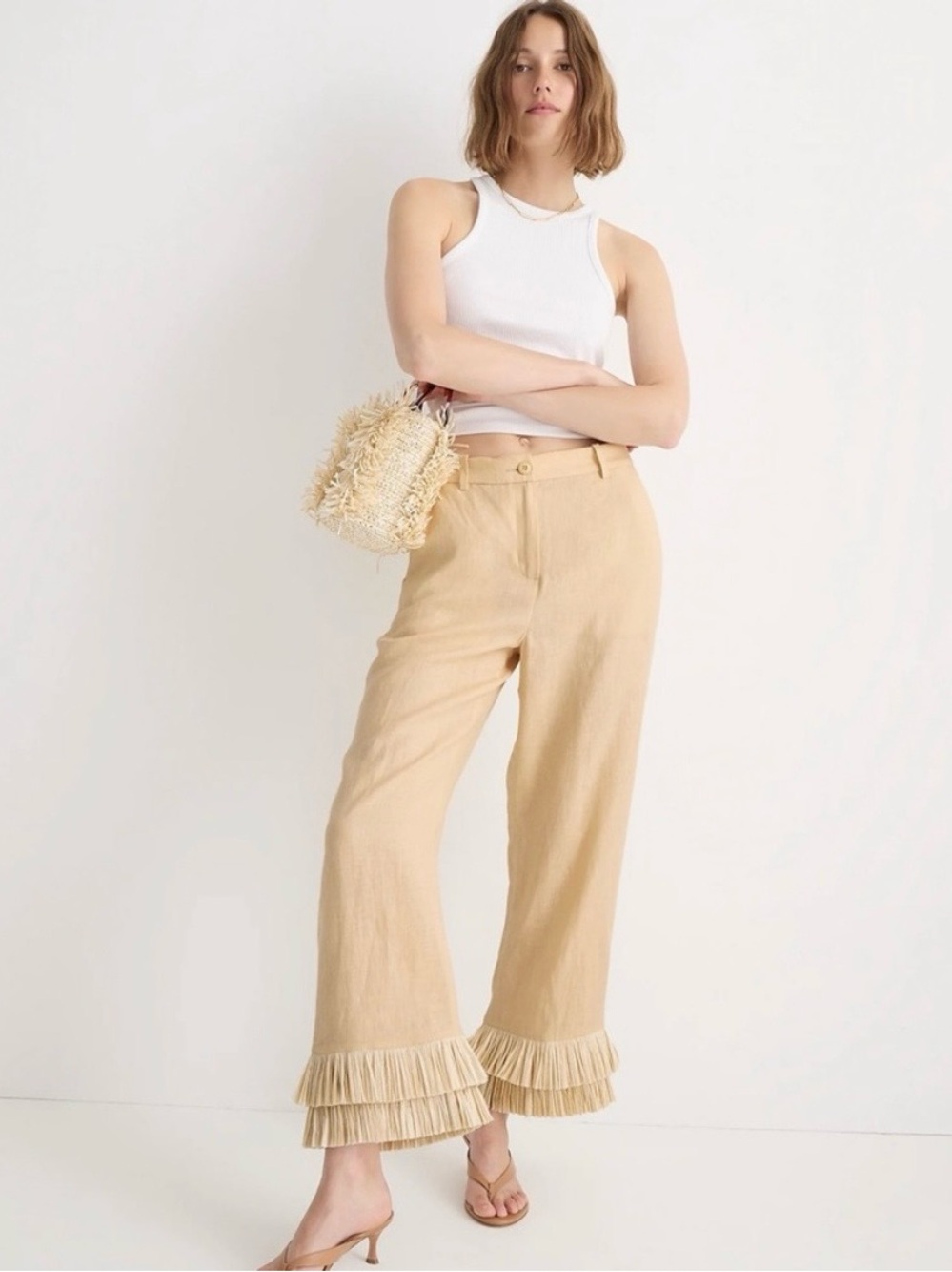 J Crew Collection Tan linen pants with raffia hems size 12